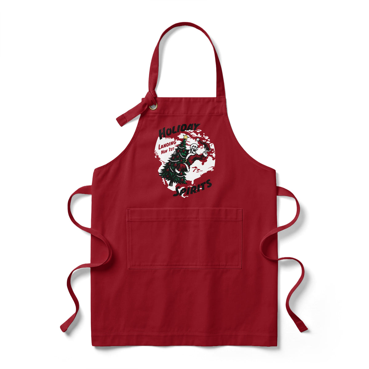 "Holiday Spirits" rich red heavy duty cotton twill chef apron, front view, with divided front pocket and "Holiday Spirits" design – 17th & Surf