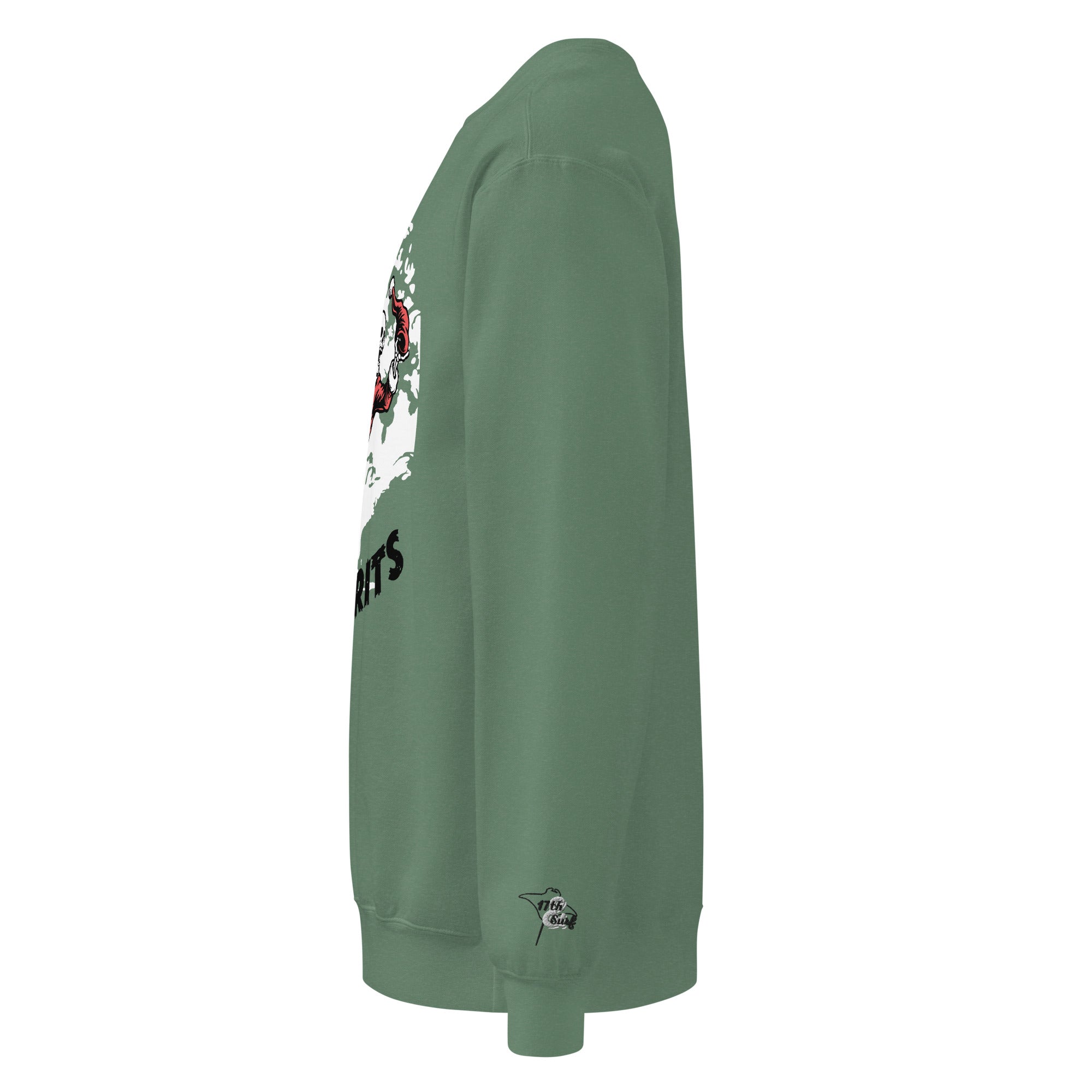 Model wearing "Holiday Spirits" heavyweight crewneck sweatshirt in light green, left angle view featuring full color graphic of a skeleton Santa riding a decorated Christmas tree with arched "Holiday" and "Spirits" text – 17th & Surf