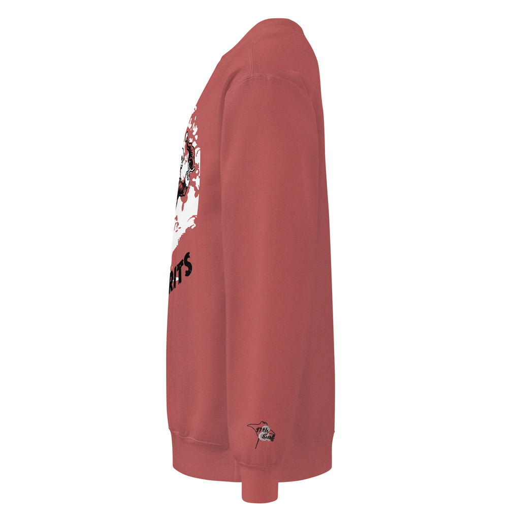 Model wearing "Holiday Spirits" heavyweight crewneck sweatshirt in crimson red, left angle view featuring full color graphic of a skeleton Santa riding a decorated Christmas tree with arched "Holiday" and "Spirits" text – 17th & Surf