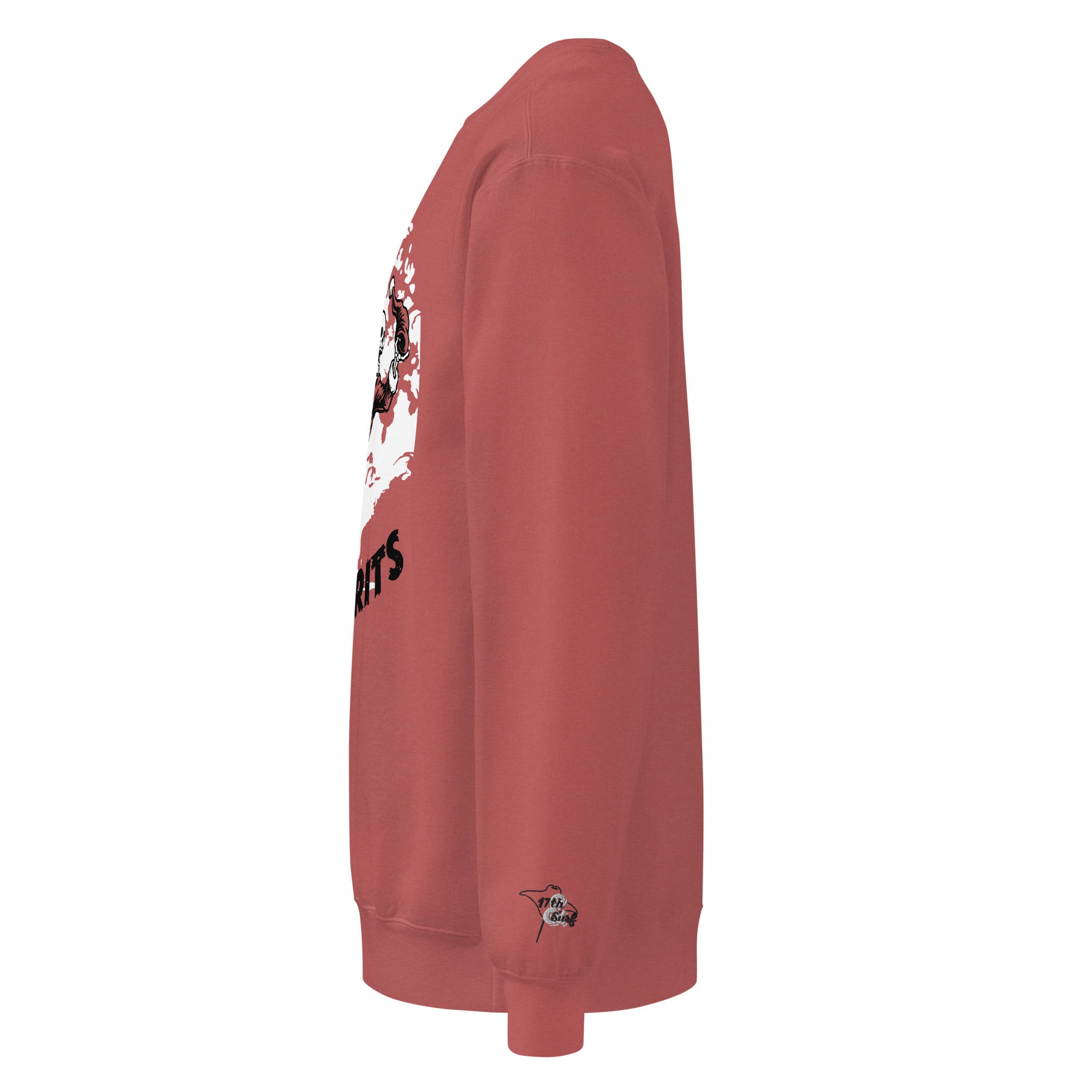 Model wearing "Holiday Spirits" heavyweight crewneck sweatshirt in crimson red, left angle view featuring full color graphic of a skeleton Santa riding a decorated Christmas tree with arched "Holiday" and "Spirits" text – 17th & Surf