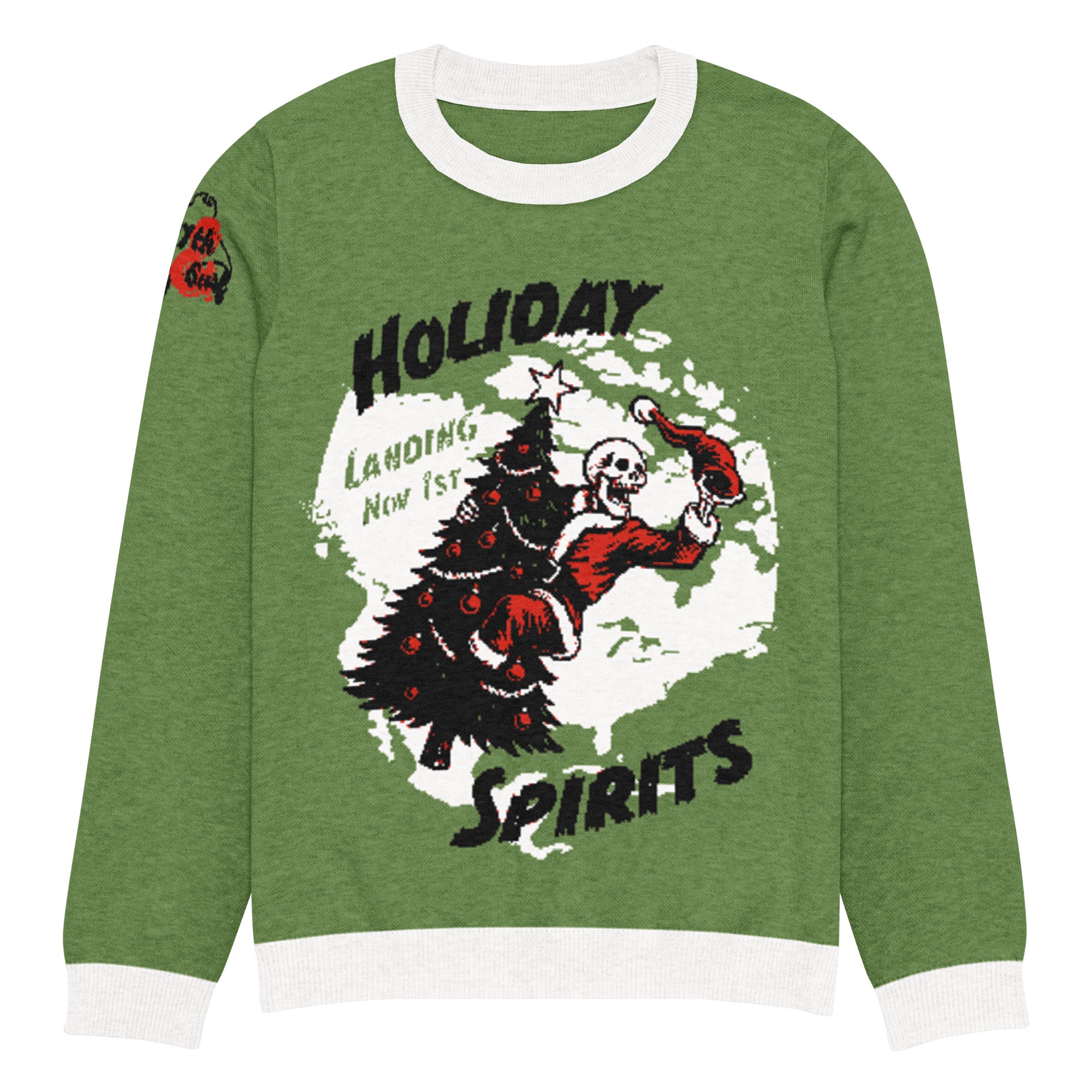 Model wearing "Holiday Spirits" knitted Christmas sweater in heather green with white trim, front view featuring full color graphic of a skeleton Santa riding a decorated Christmas tree inside a white splatter map shape with arched "Holiday" and "Spirits" text and "Landing Nov 1st", with small red and white "17th & Surf" sleeve patch – 17th & Surf
