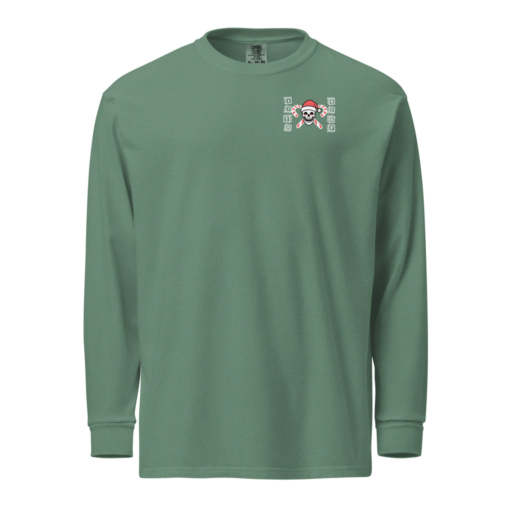 Model wearing "Holiday Spirits" garment-dyed heavyweight long sleeve shirt in sage green with small "17th & Surf" candy cane crossbones skull chest logo, second front view – 17th & Surf