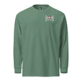 Model wearing "Holiday Spirits" garment-dyed heavyweight long sleeve shirt in sage green with small "17th & Surf" candy cane crossbones skull chest logo, second front view – 17th & Surf