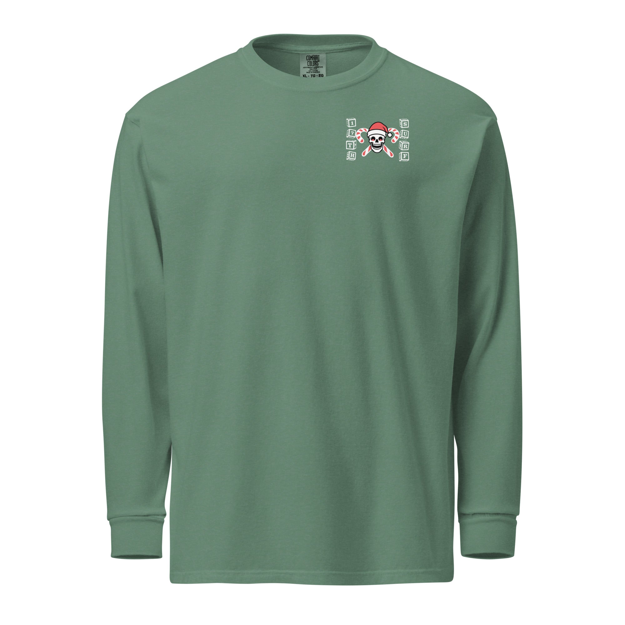 Model wearing "Holiday Spirits" garment-dyed heavyweight long sleeve shirt in sage green with small "17th & Surf" candy cane crossbones skull chest logo, second front view – 17th & Surf