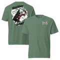 "Holiday Spirits" garment-dyed heavyweight t-shirt in light green, front and back flat lay featuring small "17th & Surf" candy cane crossbones skull chest logo on front and full color graphic on back of a skeleton Santa riding a decorated Christmas tree with arched "Holiday" and "Spirits" text and "Landing Nov 1st" – 17th & Surf