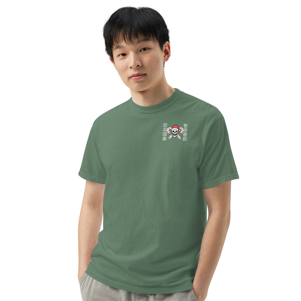 Model wearing "Holiday Spirits" garment-dyed heavyweight t-shirt in light green with small "17th & Surf" candy cane crossbones skull chest logo, front view – 17th & Surf