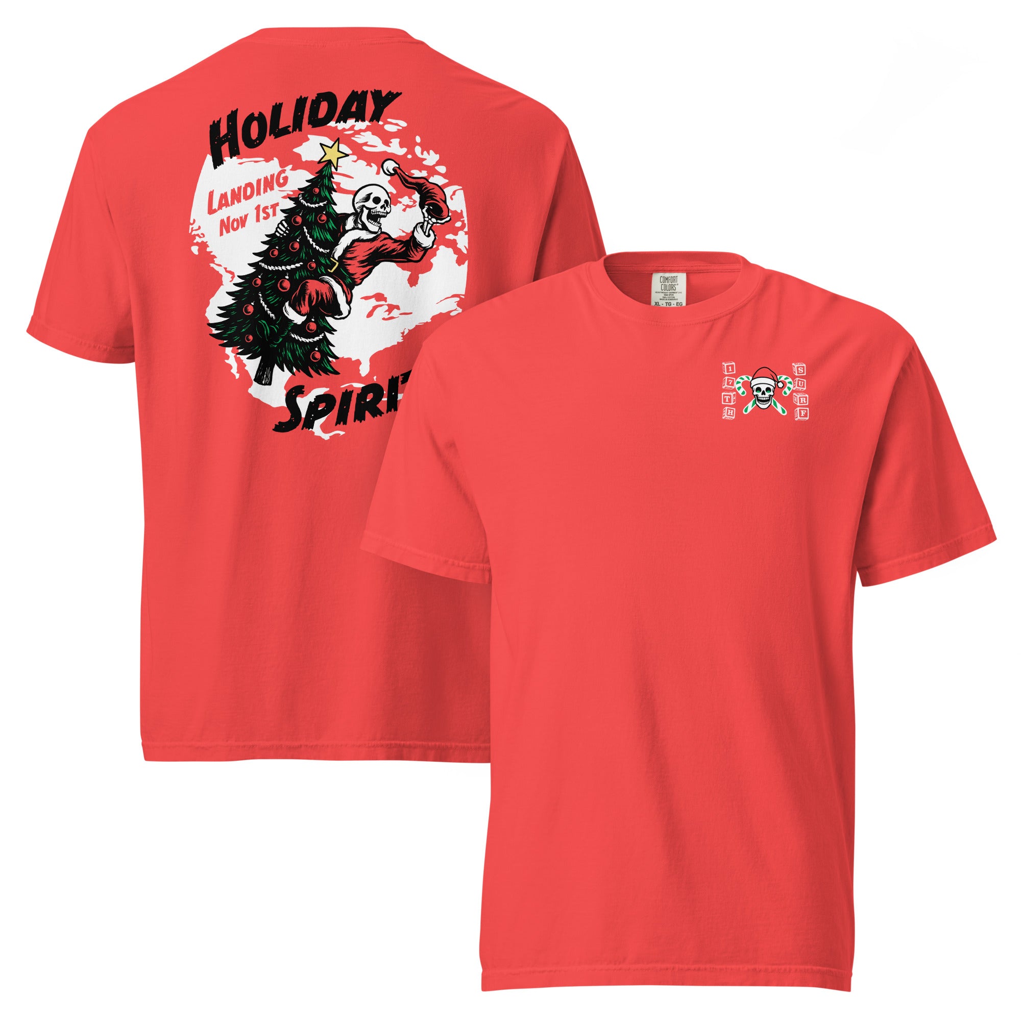 "Holiday Spirits" garment-dyed heavyweight t-shirt in red, front and back flat lay featuring small "17th & Surf" candy cane crossbones skull chest logo on front and full color graphic on back of a skeleton Santa riding a decorated Christmas tree with arched "Holiday" and "Spirits" text and "Landing Nov 1st" – 17th & Surf