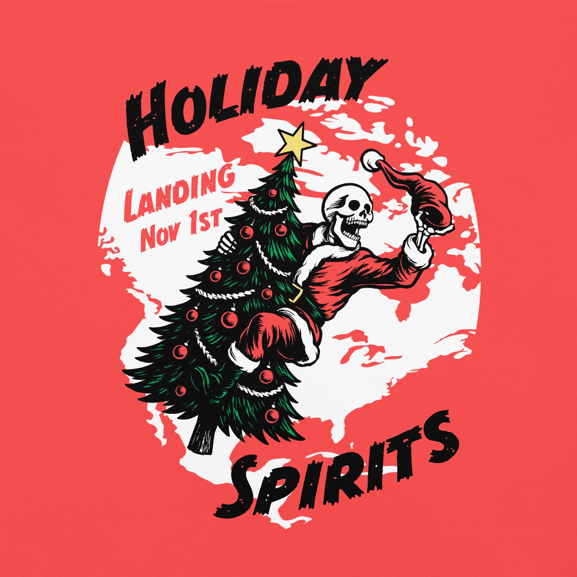 Model wearing "Holiday Spirits" garment-dyed heavyweight t-shirt in red, back view featuring full color graphic of a skeleton Santa riding a decorated Christmas tree inside a white splatter map shape with arched "Holiday" and "Spirits" text and "Landing Nov 1st" – 17th & Surf