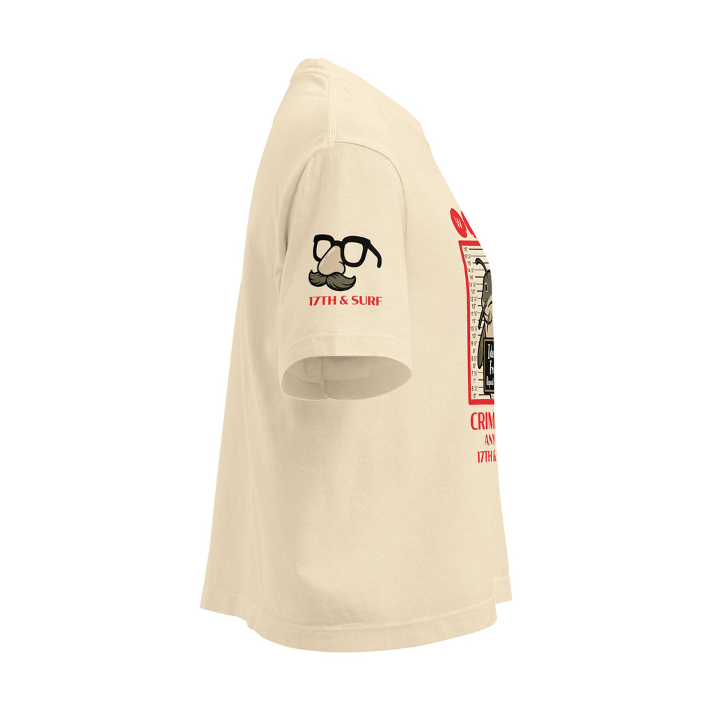 "Identity Fraud" ivory women's heavyweight boxy tee, right side angle, featuring disguise glasses and mustache "17th & Surf" sleeve logo design – 17th & Surf
