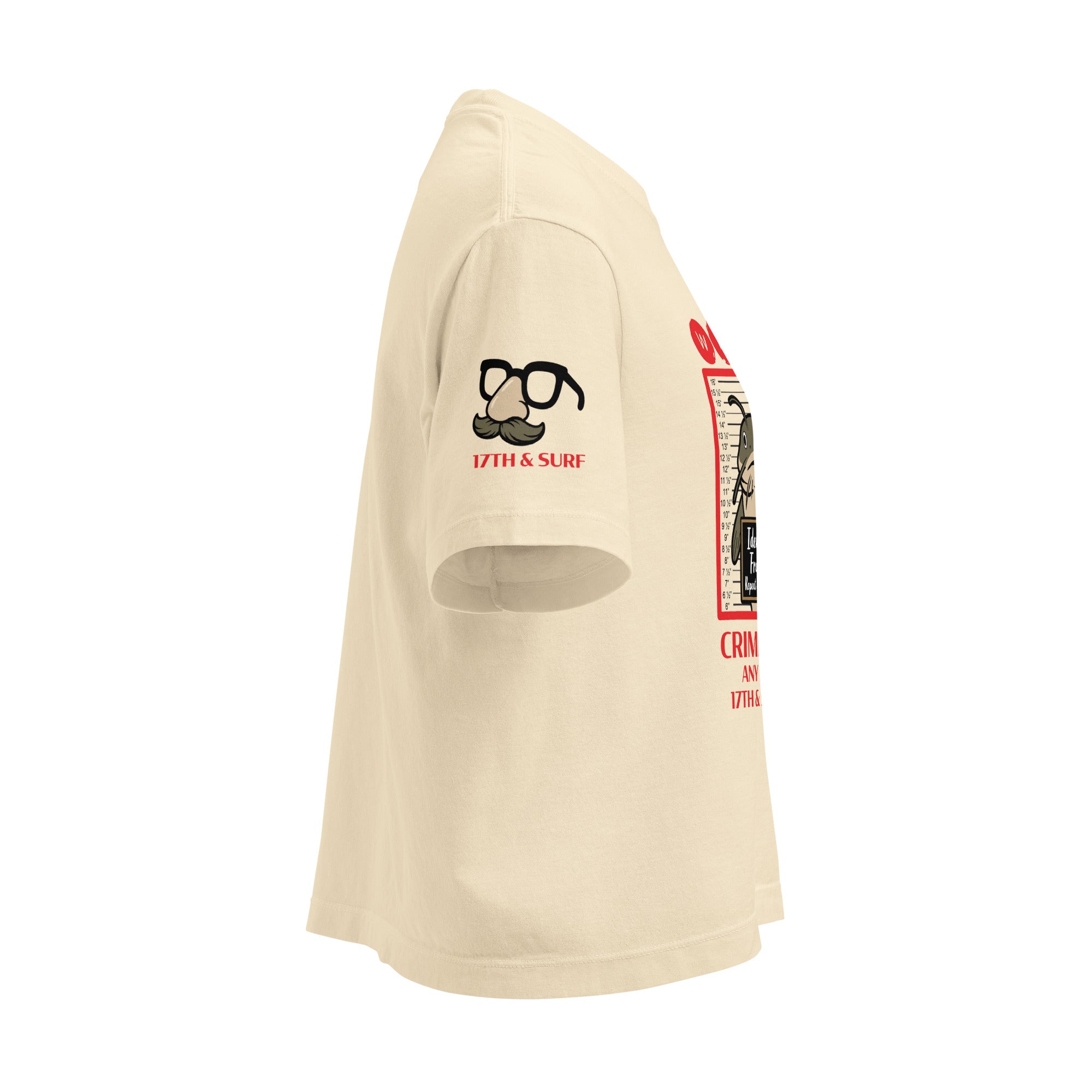 "Identity Fraud" ivory women's heavyweight boxy tee, right side angle, featuring disguise glasses and mustache "17th & Surf" sleeve logo design – 17th & Surf