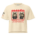 "Identity Fraud" ivory women's heavyweight boxy tee, front view, featuring catfish "WARNING" mugshot graphic with "Identity Fraud, Repeat Offender" police lineup – 17th & Surf