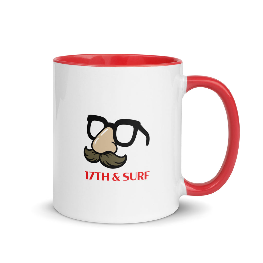 "Identity Fraud" white ceramic 11oz mug with red interior and handle, right view, featuring disguise glasses and mustache "17th & Surf" logo design – 17th & Surf