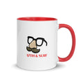 "Identity Fraud" white ceramic 11oz mug with red interior and handle, right view, featuring disguise glasses and mustache "17th & Surf" logo design – 17th & Surf