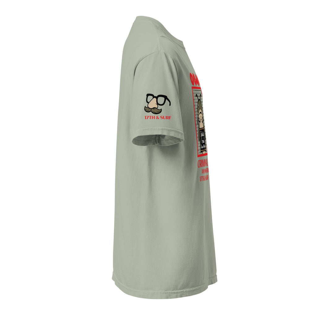 "Identity Fraud" bay garment-dyed heavyweight tee, right side angle, featuring disguise glasses and mustache "17th & Surf" sleeve logo design – 17th & Surf