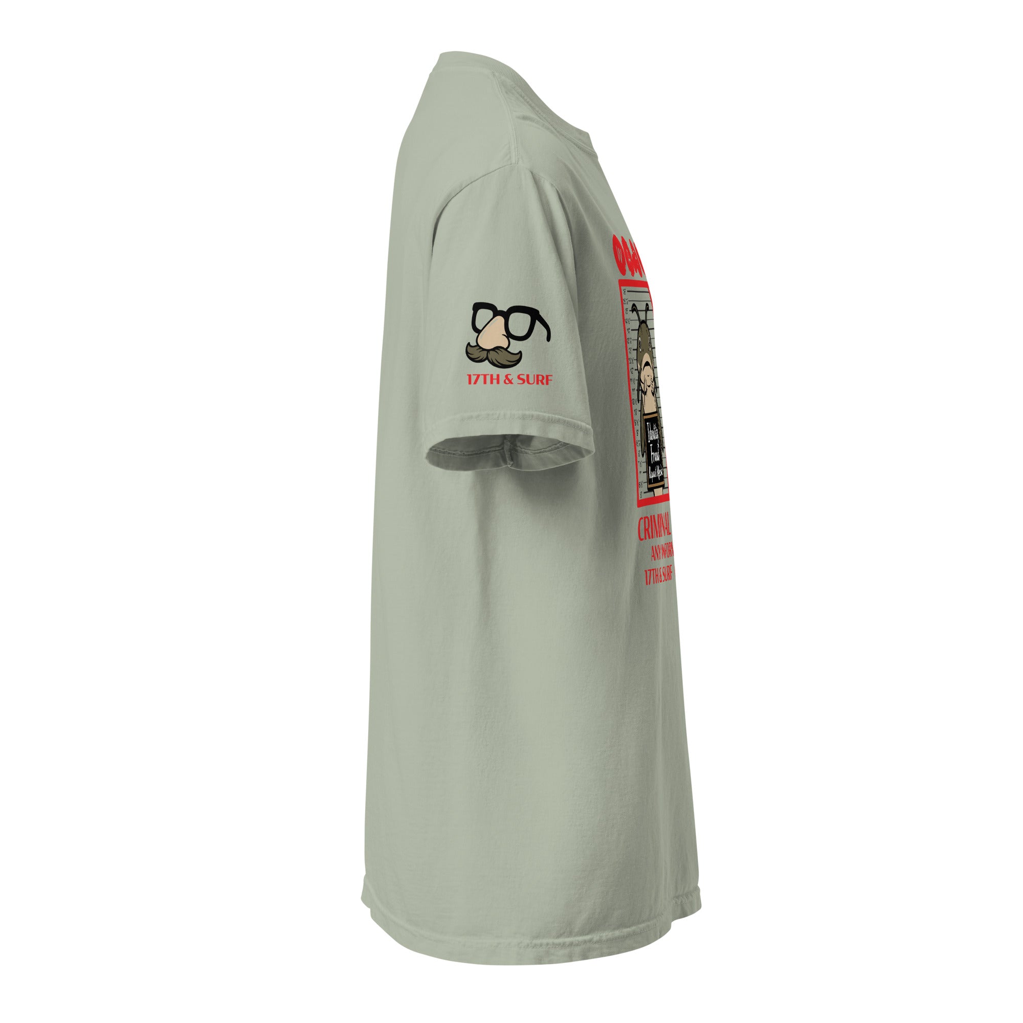 "Identity Fraud" bay garment-dyed heavyweight tee, right side angle, featuring disguise glasses and mustache "17th & Surf" sleeve logo design – 17th & Surf