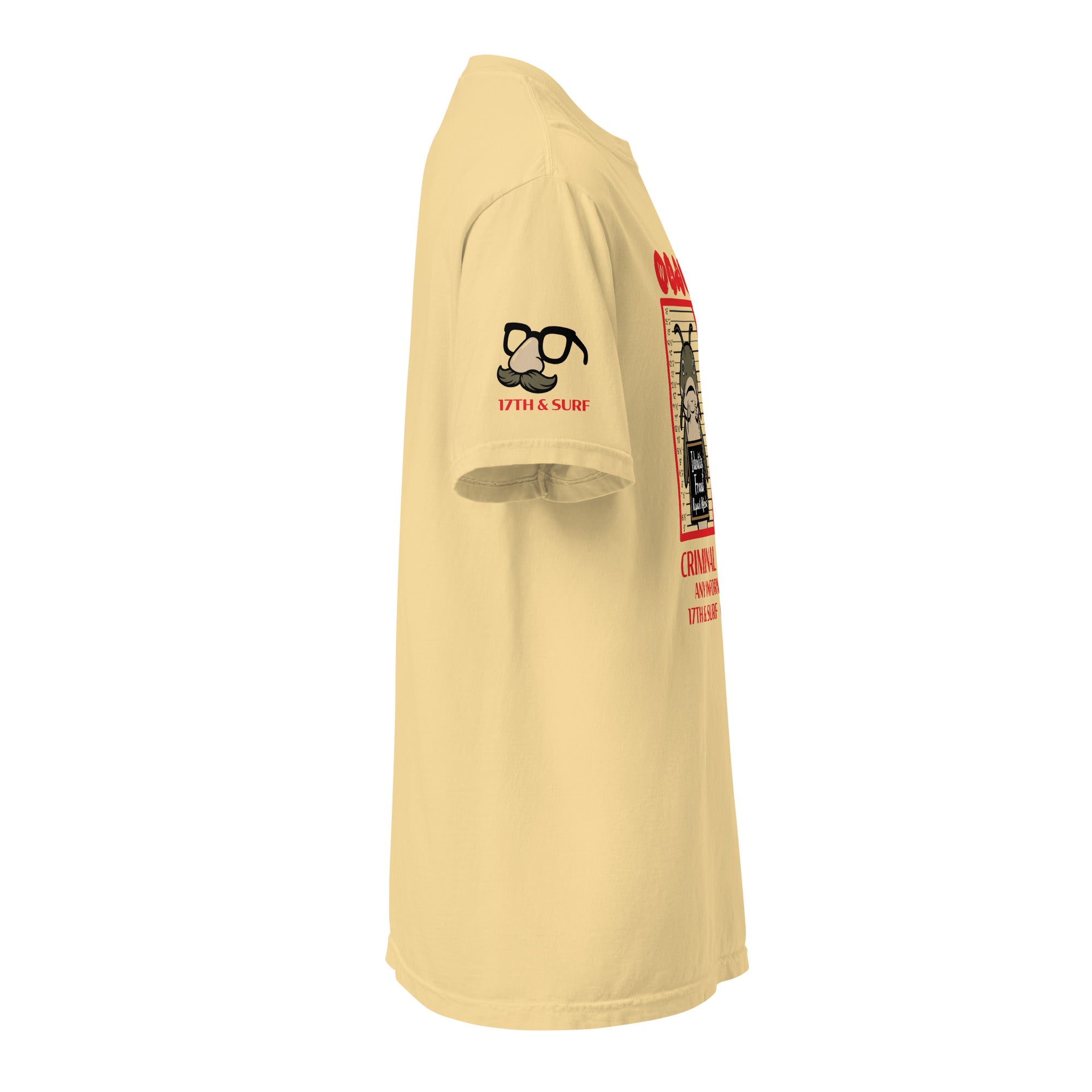 "Identity Fraud" butter garment-dyed heavyweight tee, right side angle, featuring disguise glasses and mustache "17th & Surf" sleeve logo design – 17th & Surf