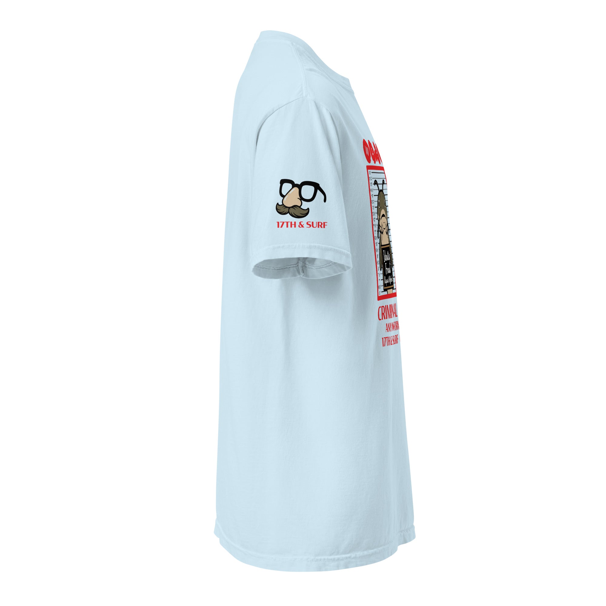 "Identity Fraud" chambray garment-dyed heavyweight tee, right side angle, featuring disguise glasses and mustache "17th & Surf" sleeve logo design – 17th & Surf