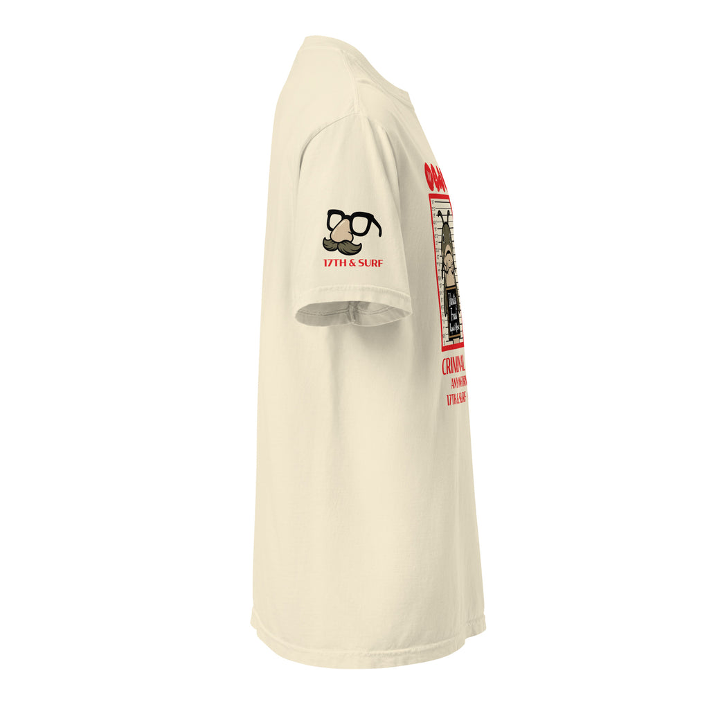"Identity Fraud" ivory garment-dyed heavyweight tee, right side angle, featuring disguise glasses and mustache "17th & Surf" sleeve logo design – 17th & Surf