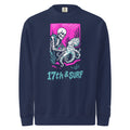 "Inked" garment-dyed heavyweight crewneck sweatshirt front view in true navy featuring skeleton tattooing an octopus graphic with "17th & Surf" text on pink background – 17th & Surf