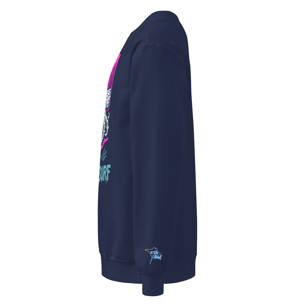 "Inked" garment-dyed heavyweight crewneck sweatshirt side view in true navy showing skeleton tattooing an octopus chest graphic and embroidered sleeve logo – 17th & Surf