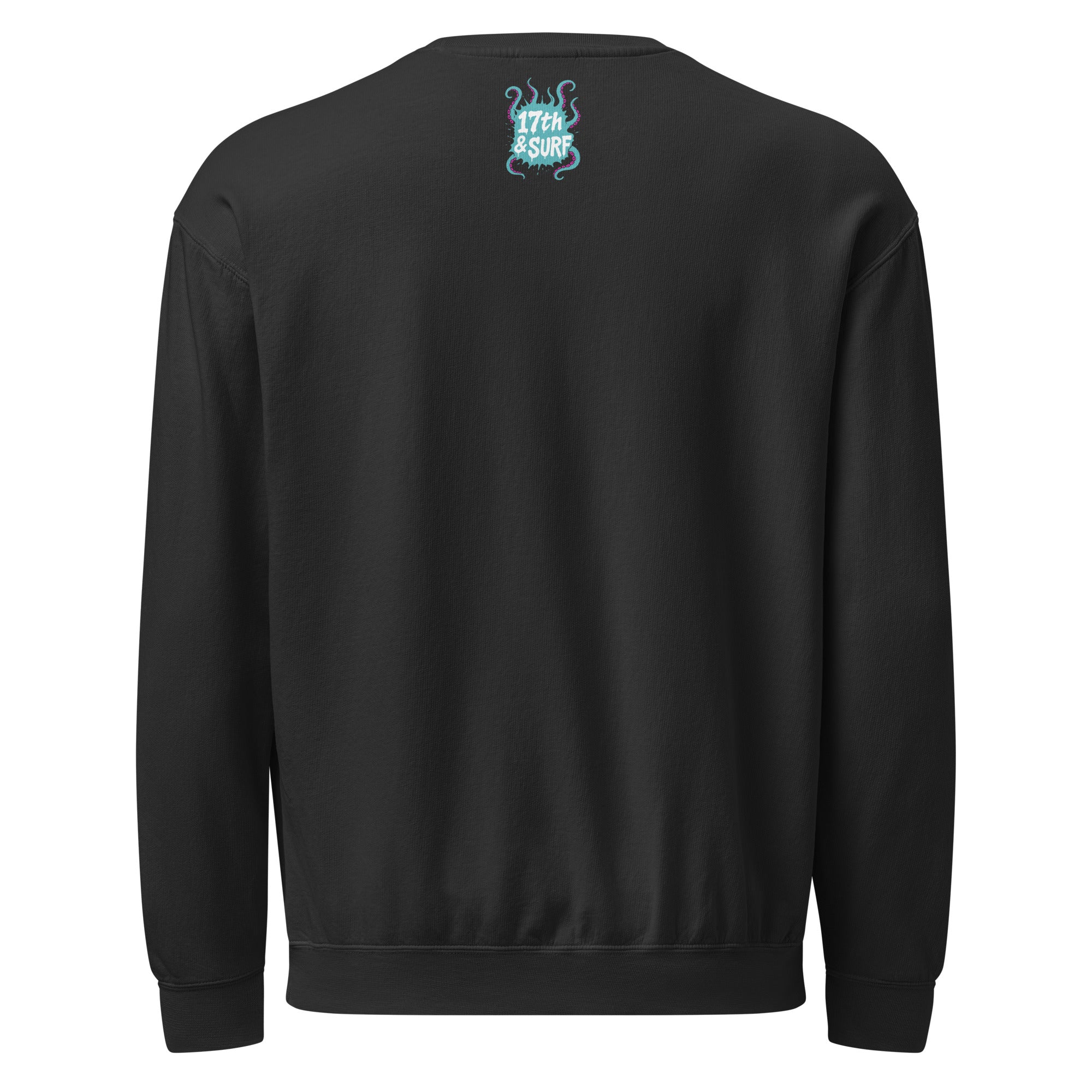 "Inked" garment-dyed lightweight crewneck sweatshirt back view in black showing small skeleton-and-tentacle "17th & Surf" logo near collar – 17th & Surf