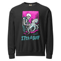 "Inked" garment-dyed lightweight crewneck sweatshirt front view in black featuring skeleton tattooing an octopus graphic with "17th & Surf" text on pink background – 17th & Surf