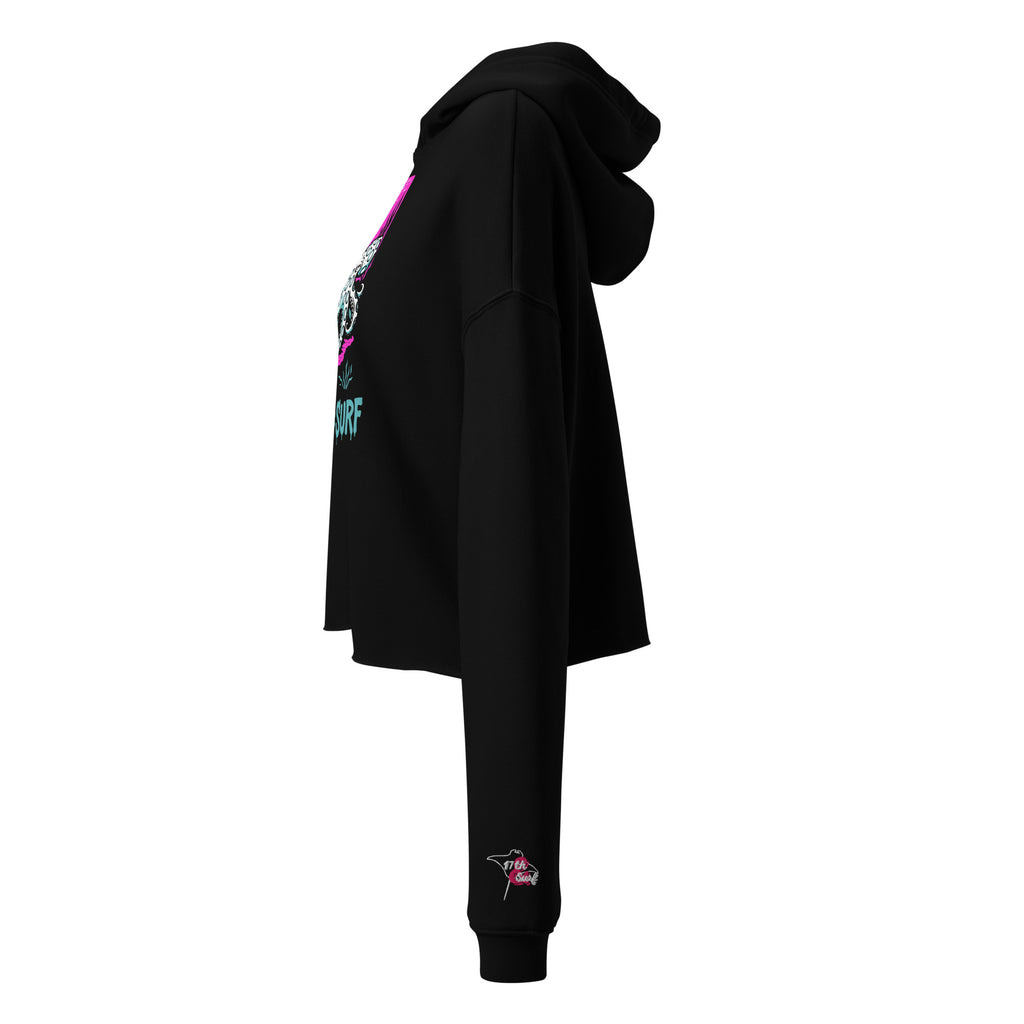 "Inked" cropped hoodie side view on model in black showing skeleton tattooing an octopus chest graphic and embroidered sleeve logo – 17th & Surf