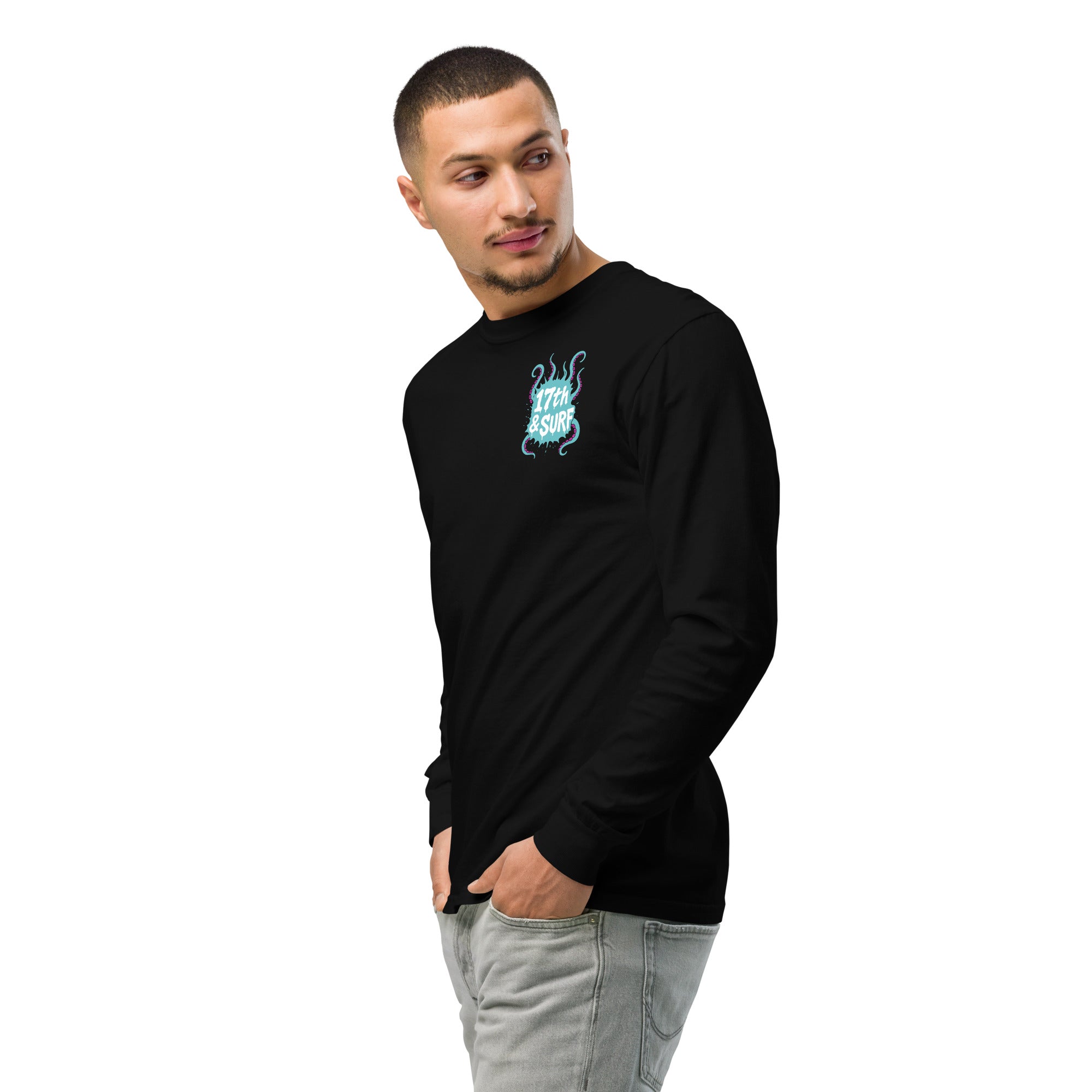 "Inked" garment-dyed heavyweight long sleeve front angle view in black showing small skeleton-and-tentacle "17th & Surf" chest logo – 17th & Surf
