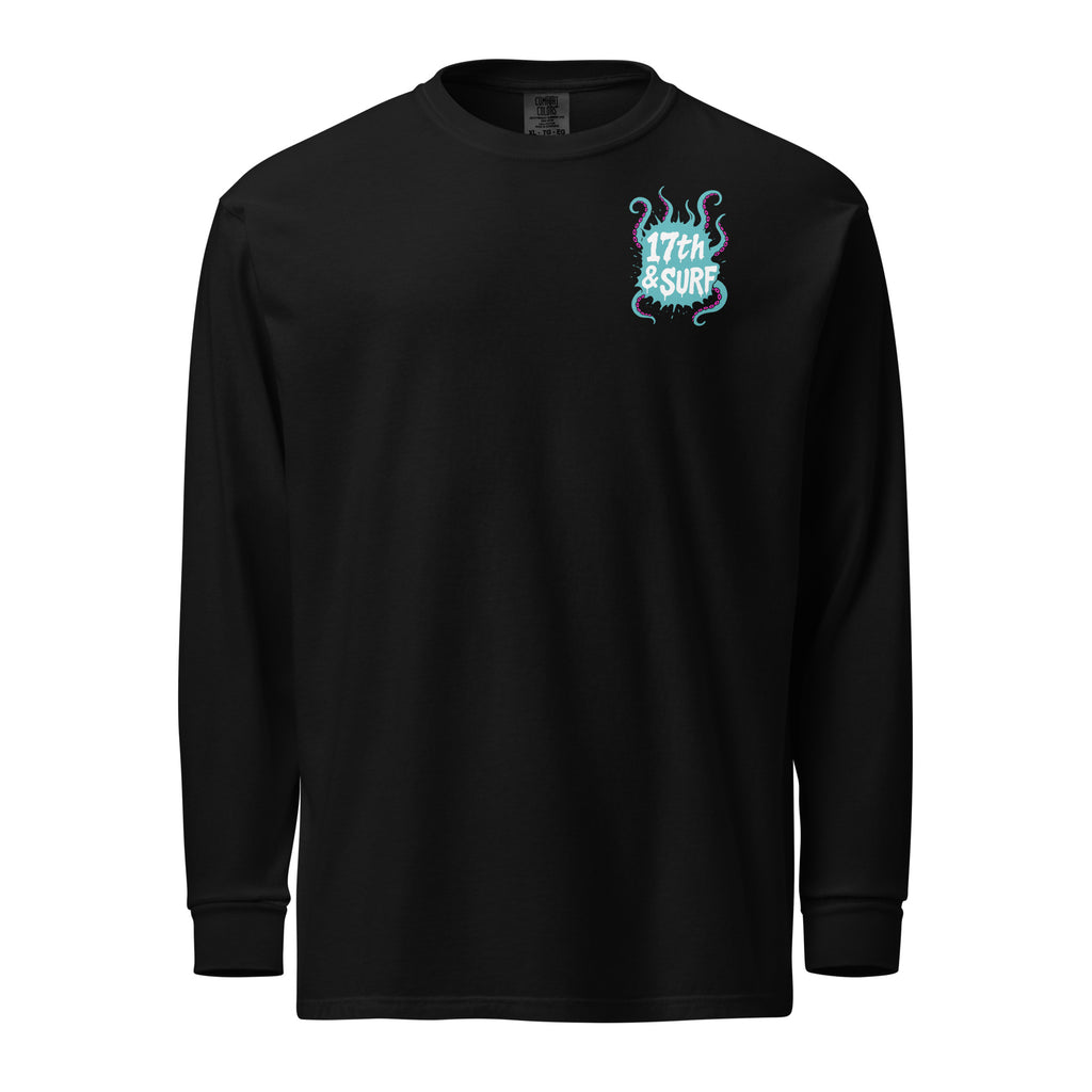 "Inked" garment-dyed heavyweight long sleeve front flat lay in black showing small skeleton-and-tentacle "17th & Surf" chest logo – 17th & Surf