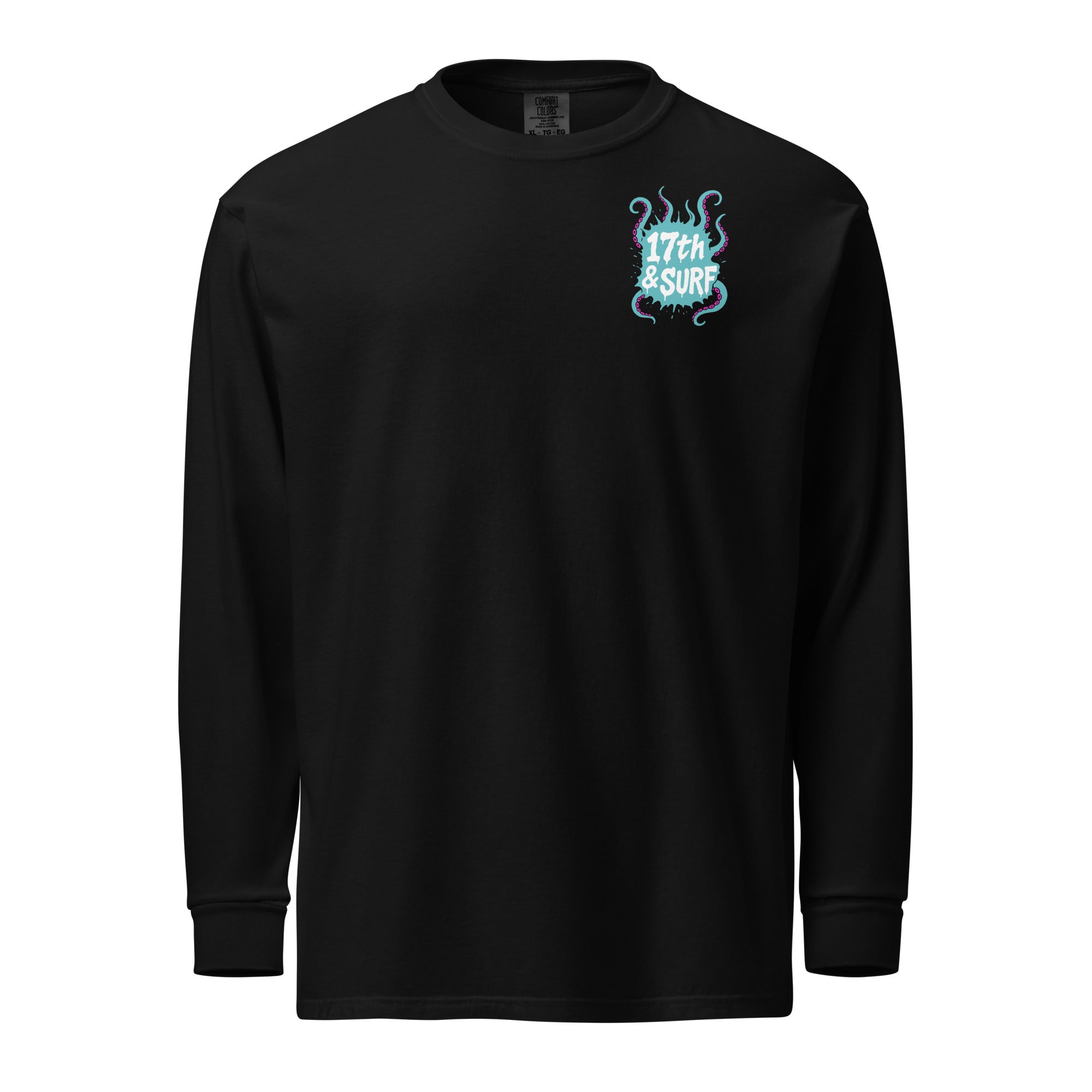"Inked" garment-dyed heavyweight long sleeve front flat lay in black showing small skeleton-and-tentacle "17th & Surf" chest logo – 17th & Surf