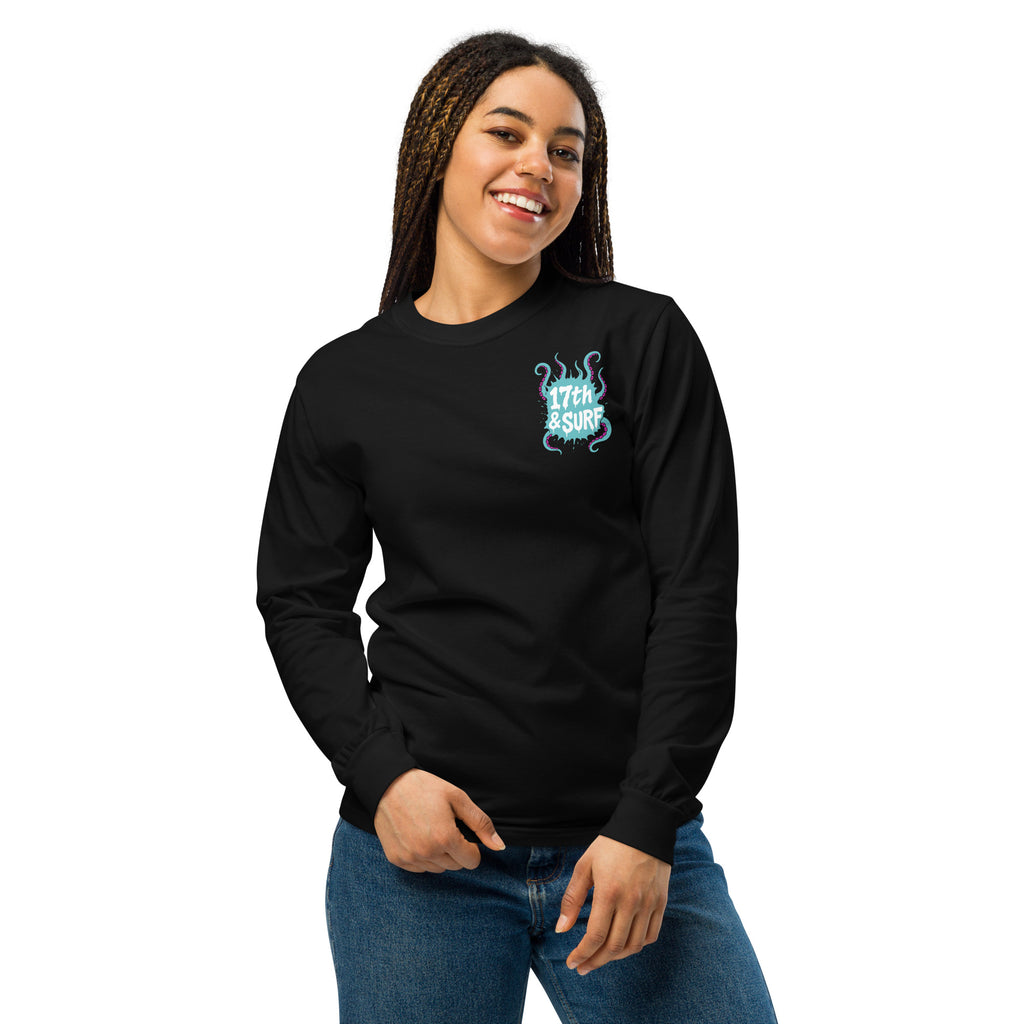 "Inked" garment-dyed heavyweight long sleeve front view in black showing small skeleton-and-tentacle "17th & Surf" chest logo – 17th & Surf