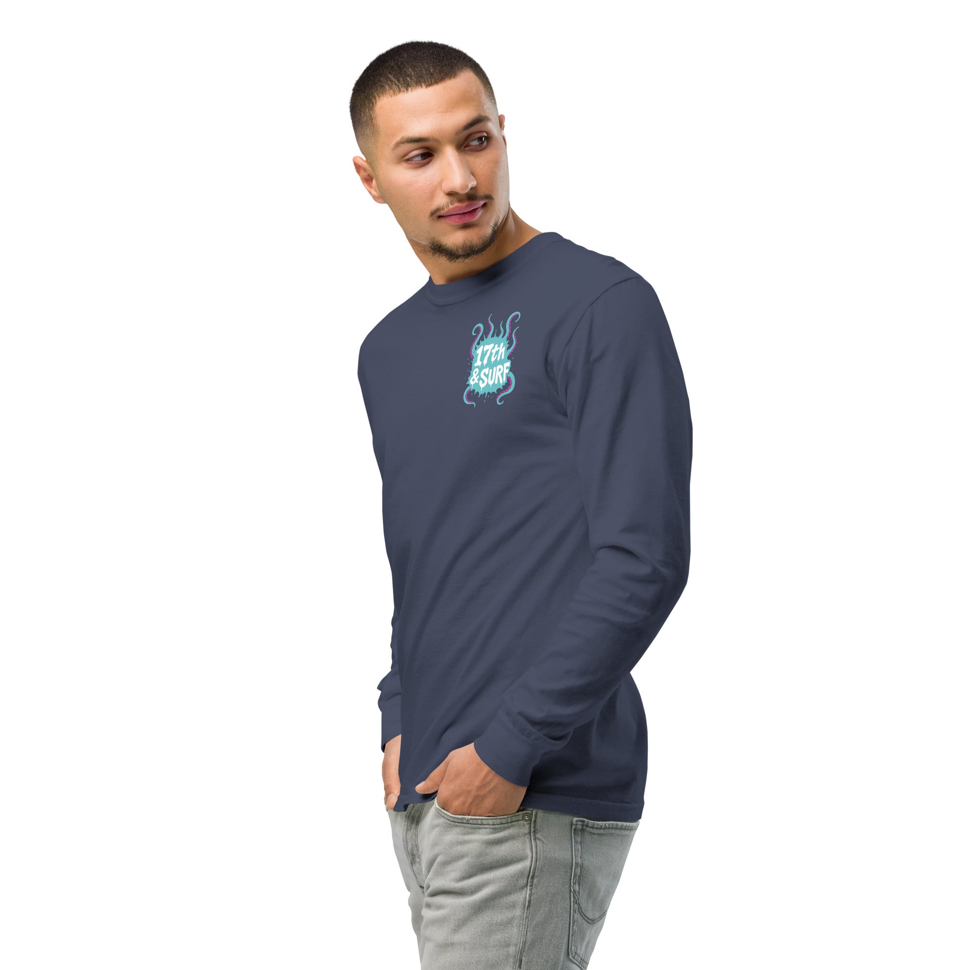 "Inked" garment-dyed heavyweight long sleeve front angle view in true navy showing small skeleton-and-tentacle "17th & Surf" chest logo – 17th & Surf