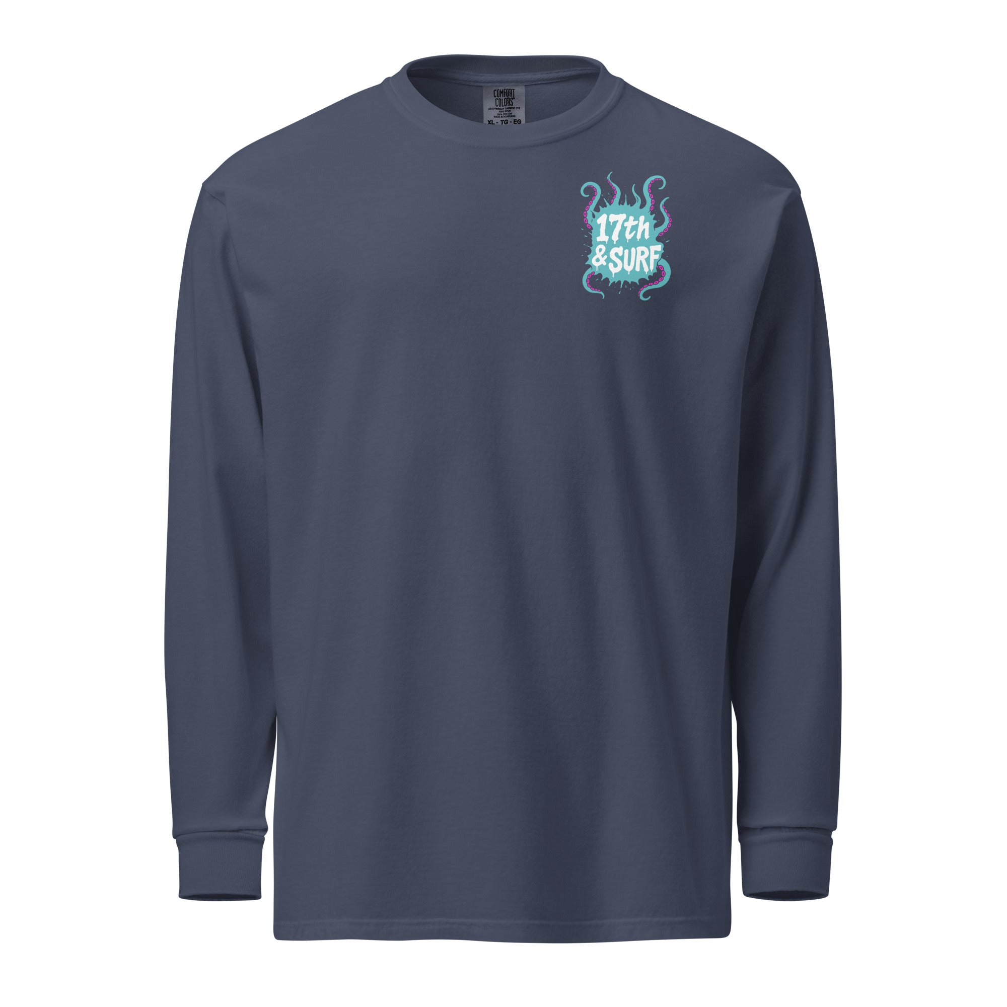 "Inked" garment-dyed heavyweight long sleeve front flat lay in true navy showing small skeleton-and-tentacle "17th & Surf" chest logo – 17th & Surf