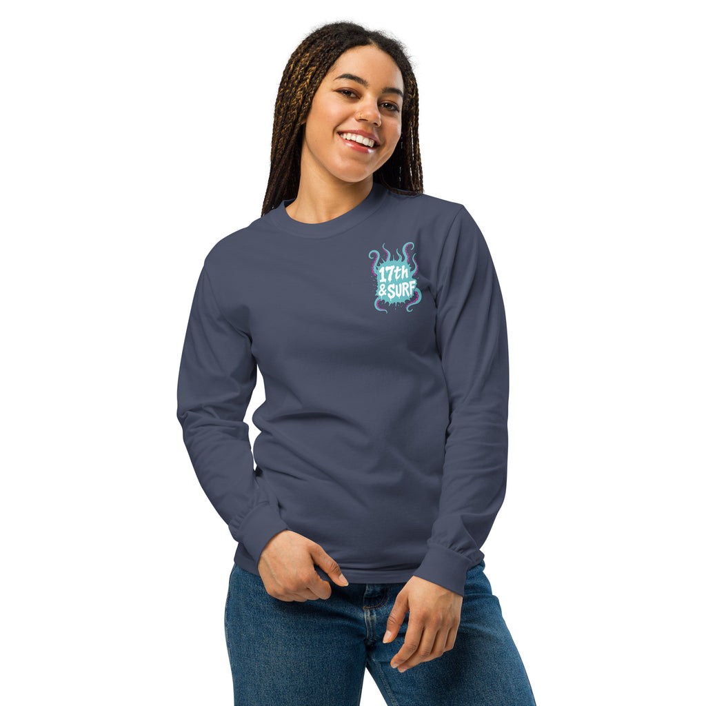 "Inked" garment-dyed heavyweight long sleeve front view in true navy showing small skeleton-and-tentacle "17th & Surf" chest logo – 17th & Surf