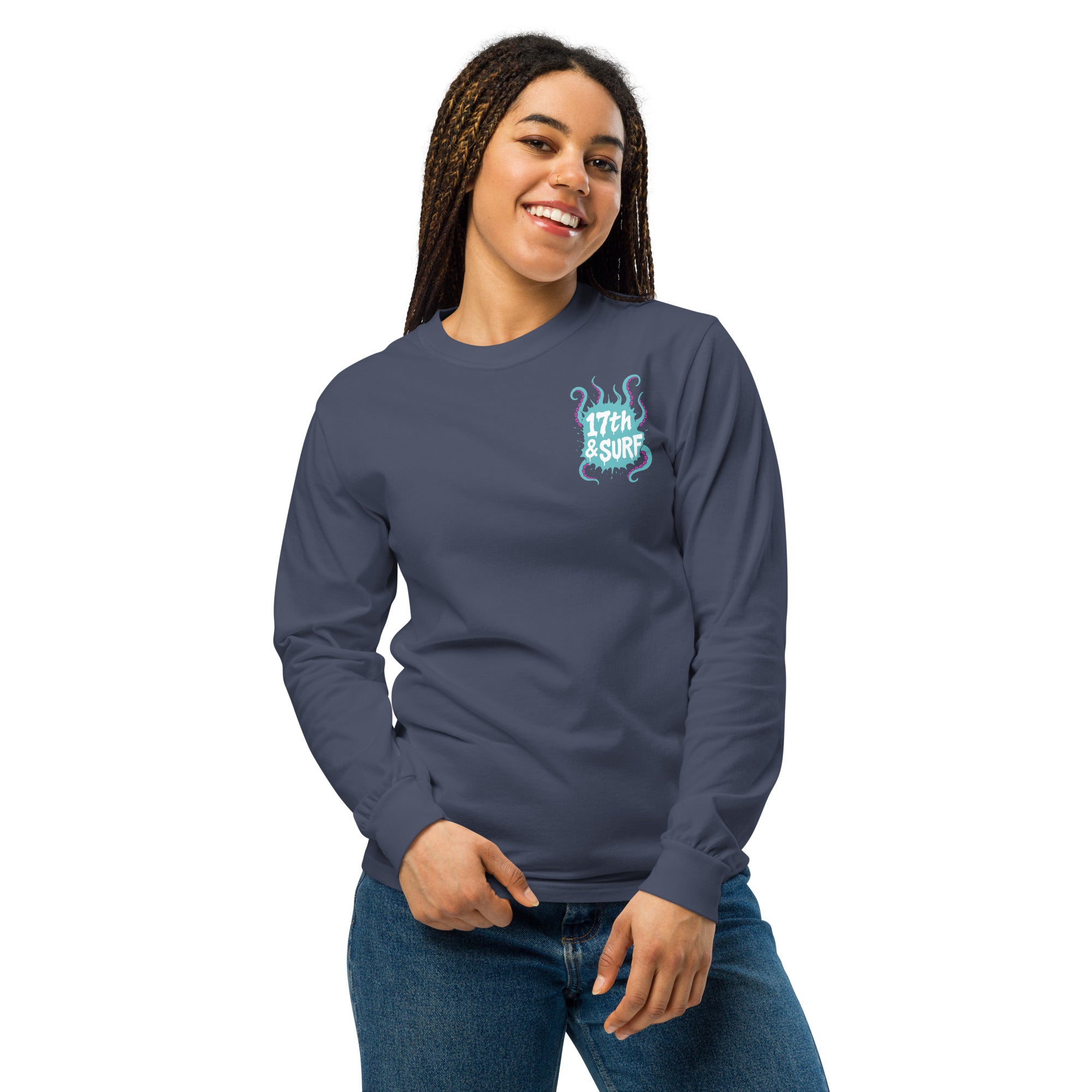 "Inked" garment-dyed heavyweight long sleeve front view in true navy showing small skeleton-and-tentacle "17th & Surf" chest logo – 17th & Surf