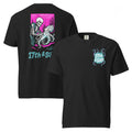 "Inked" garment-dyed heavyweight tee flat lay front and back view in black featuring skeleton tattooing an octopus graphic with "17th & Surf" text on pink background and small skeleton-and-tentacle "17th & Surf" chest logo – 17th & Surf