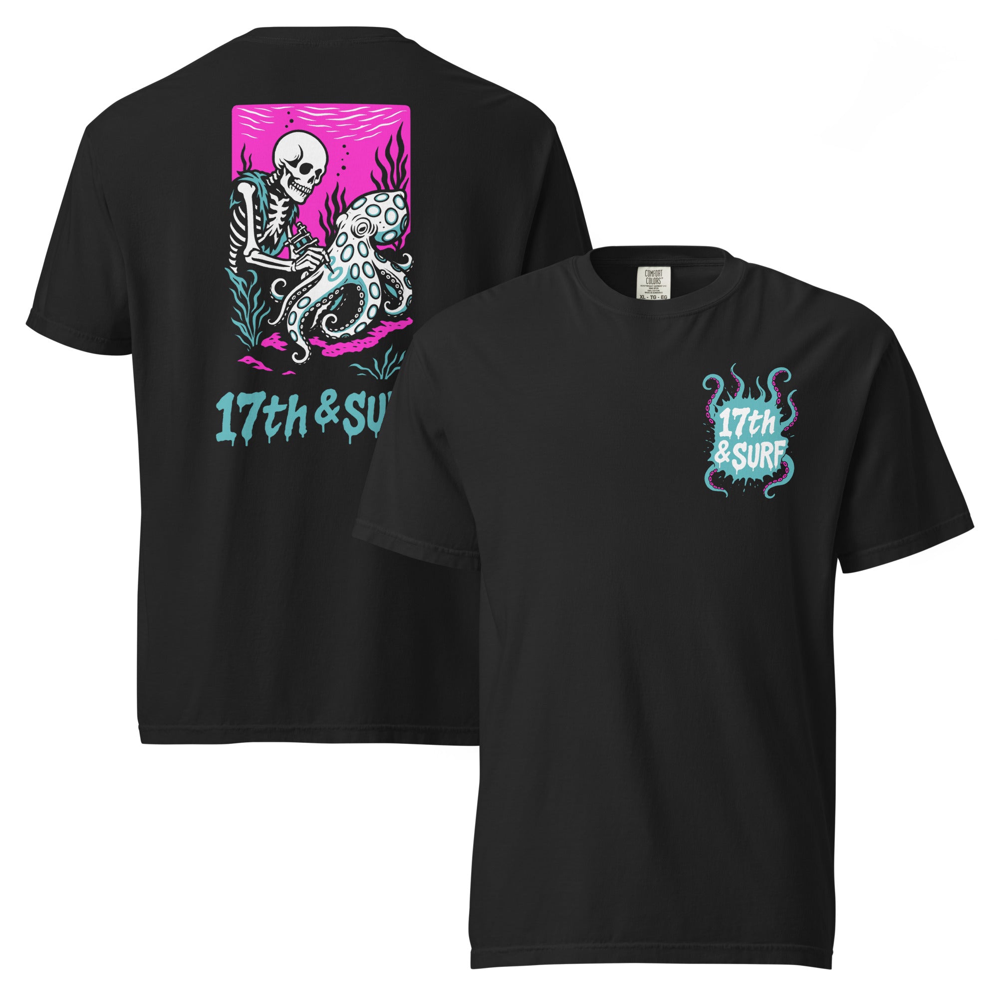 "Inked" garment-dyed heavyweight tee flat lay front and back view in black featuring skeleton tattooing an octopus graphic with "17th & Surf" text on pink background and small skeleton-and-tentacle "17th & Surf" chest logo – 17th & Surf