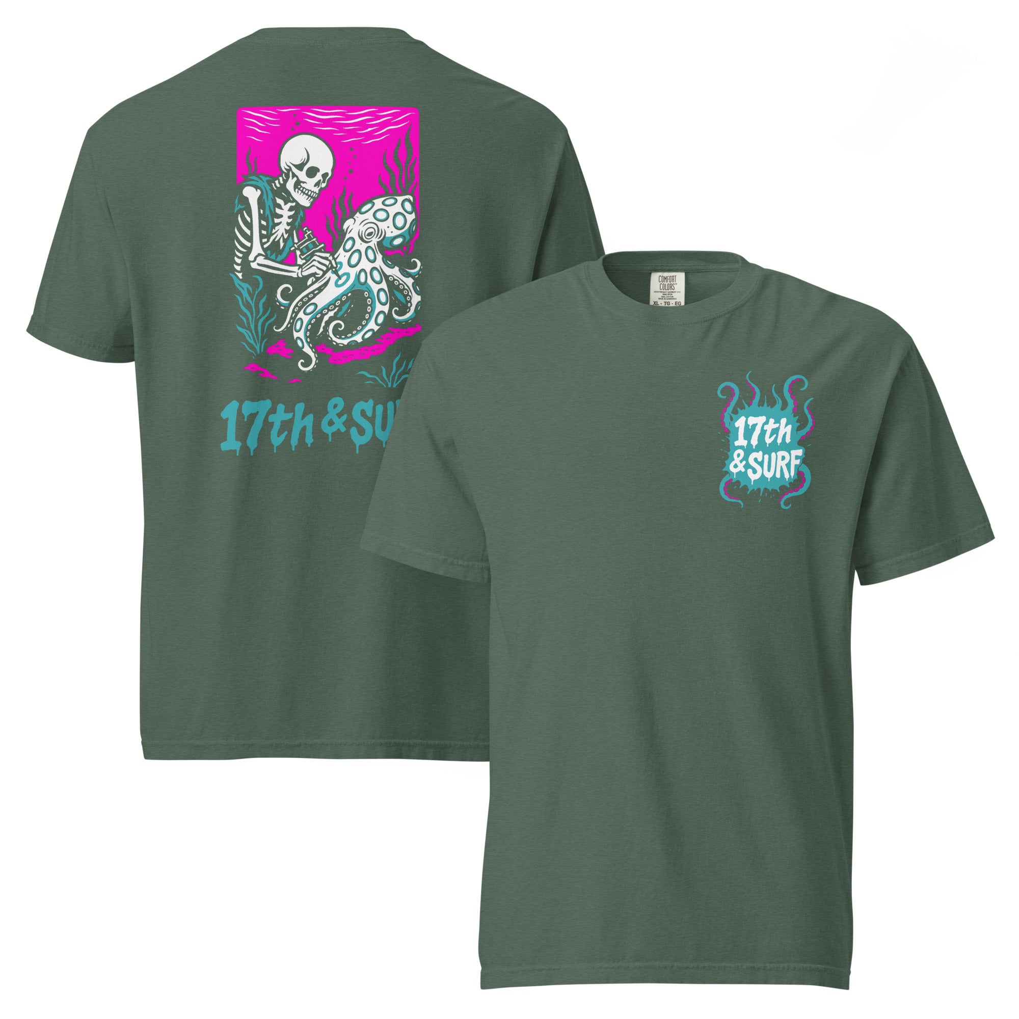 "Inked" garment-dyed heavyweight tee front and back flat lay in blue spruce featuring skeleton tattooing an octopus graphic and small "17th & Surf" chest logo – 17th & Surf