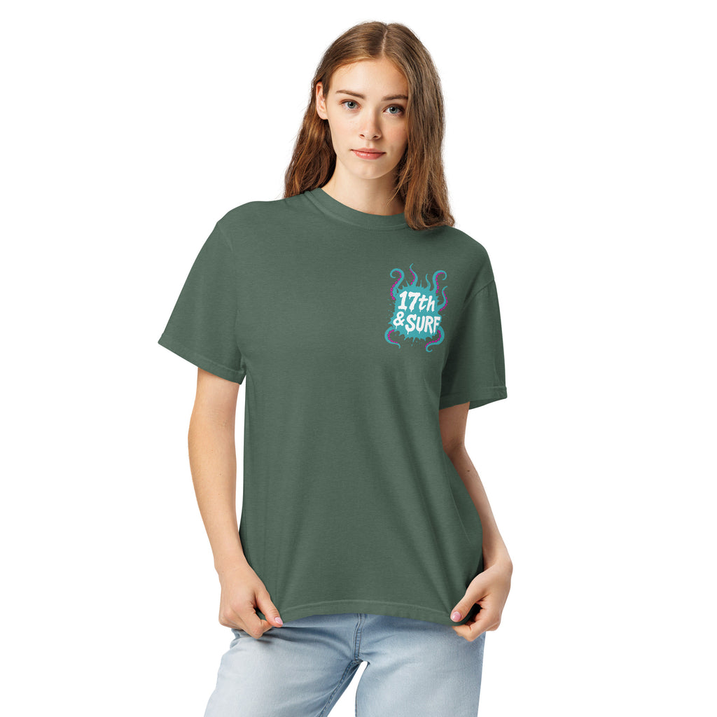 "Inked" garment-dyed heavyweight tee second front view in blue spruce showing small skeleton-and-tentacle "17th & Surf" chest logo – 17th & Surf