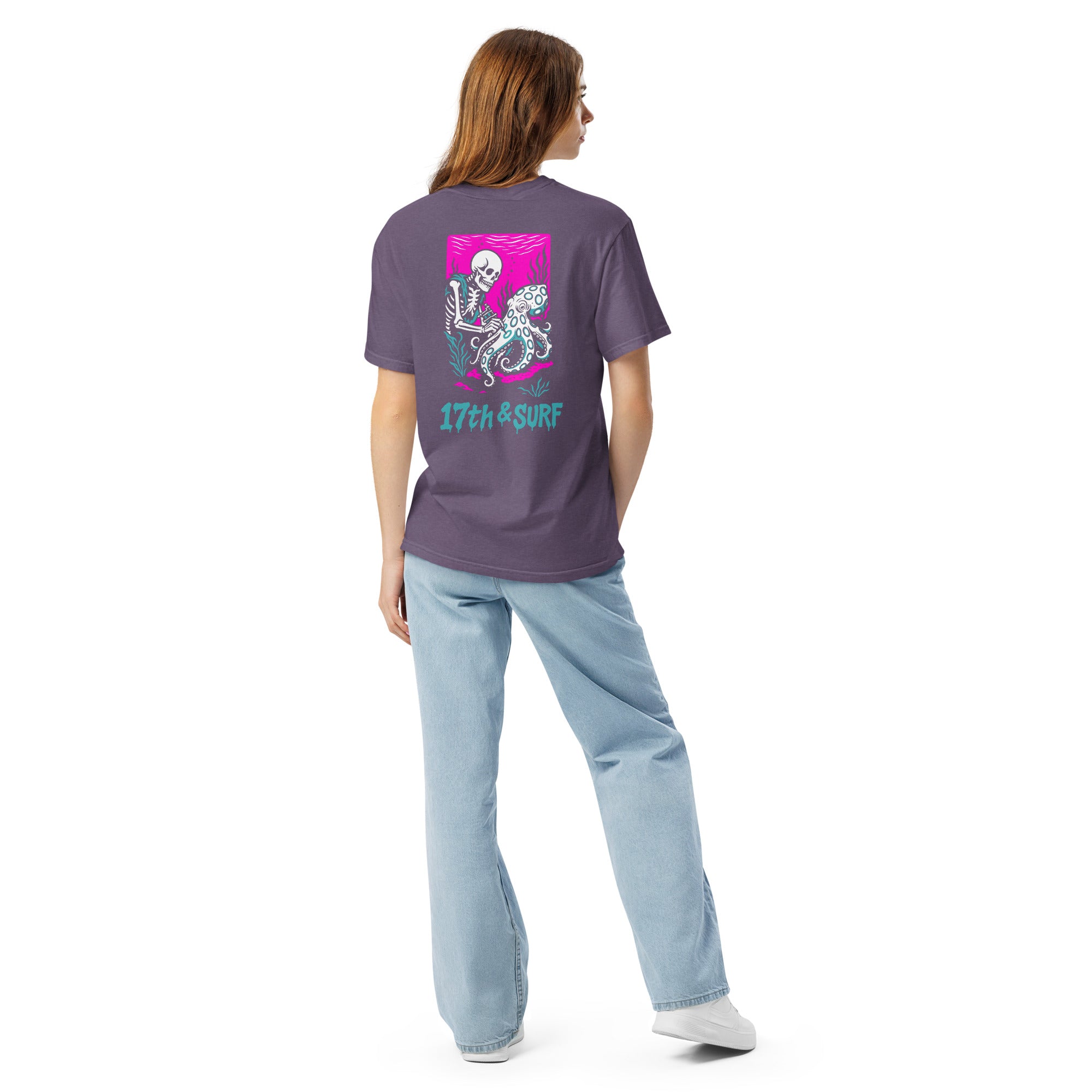 "Inked" garment-dyed heavyweight tee back view in grape – 17th & Surf