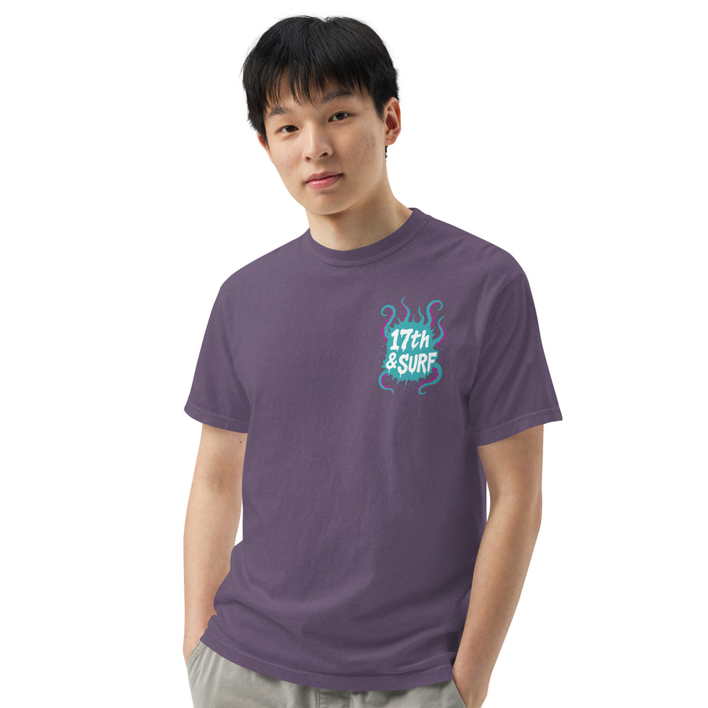 "Inked" garment-dyed heavyweight tee third front view in grape showing small skeleton-and-tentacle "17th & Surf" chest logo – 17th & Surf
