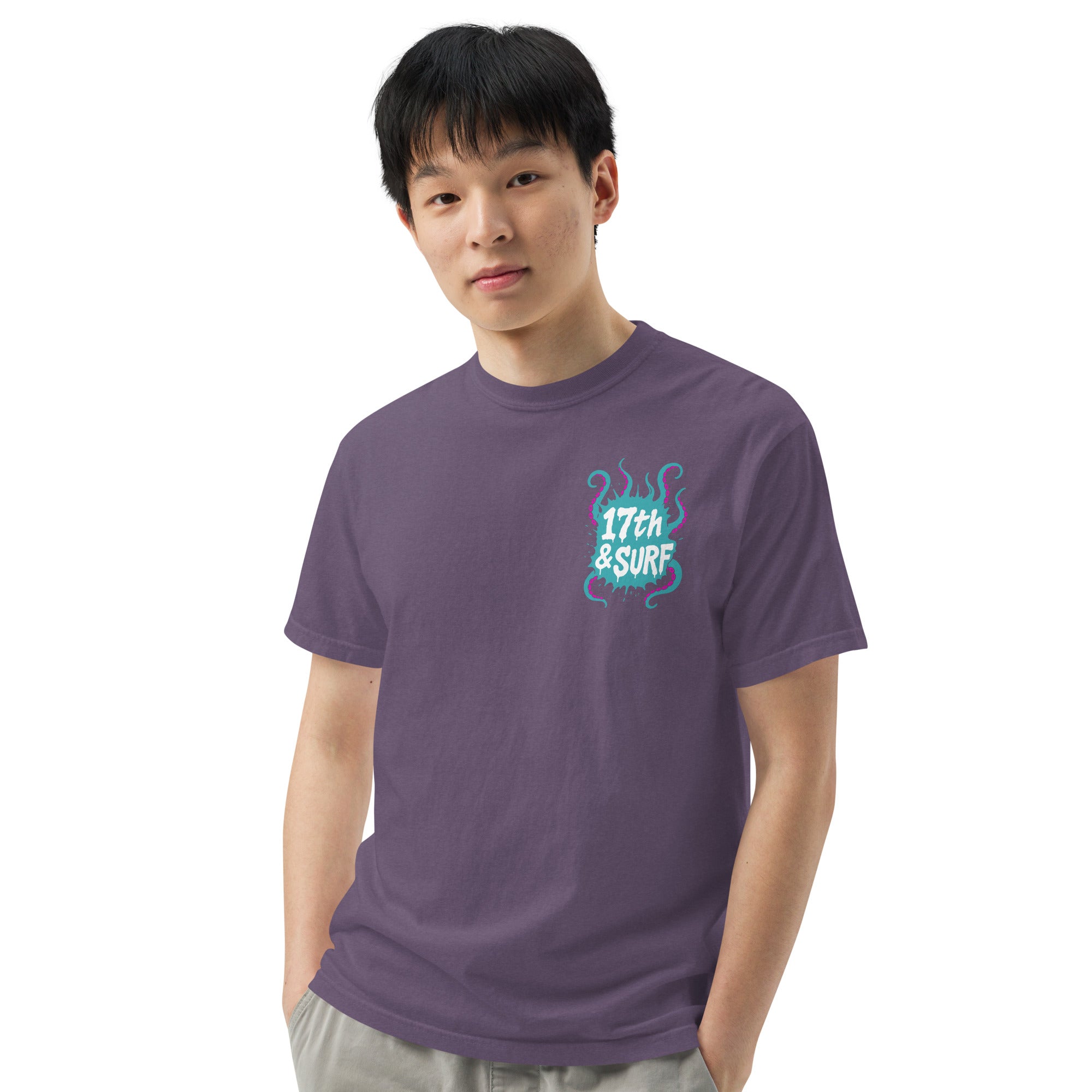 "Inked" garment-dyed heavyweight tee third front view in grape showing small skeleton-and-tentacle "17th & Surf" chest logo – 17th & Surf
