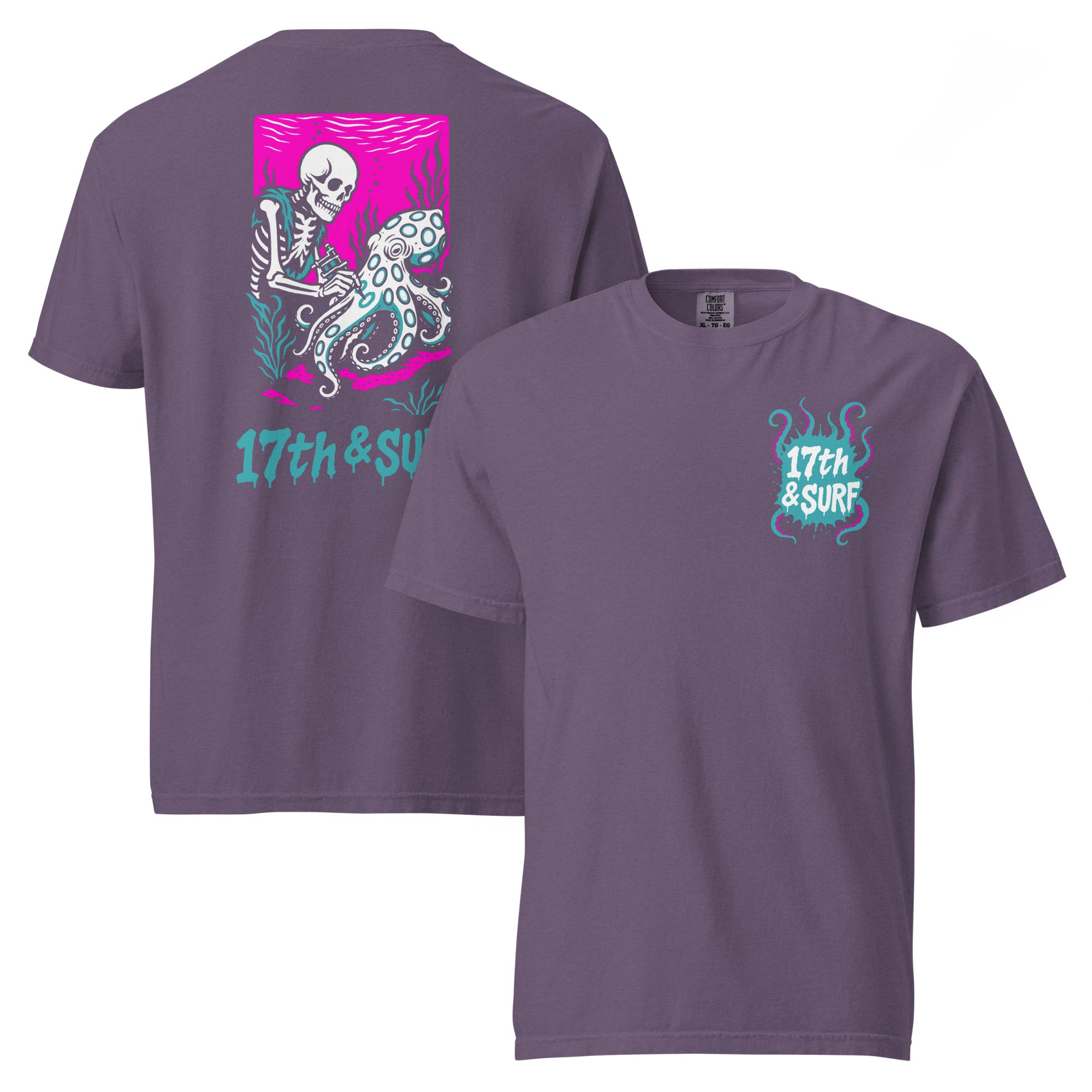 "Inked" garment-dyed heavyweight tee front and back flat lay in grape featuring skeleton tattooing an octopus graphic and small "17th & Surf" chest logo – 17th & Surf