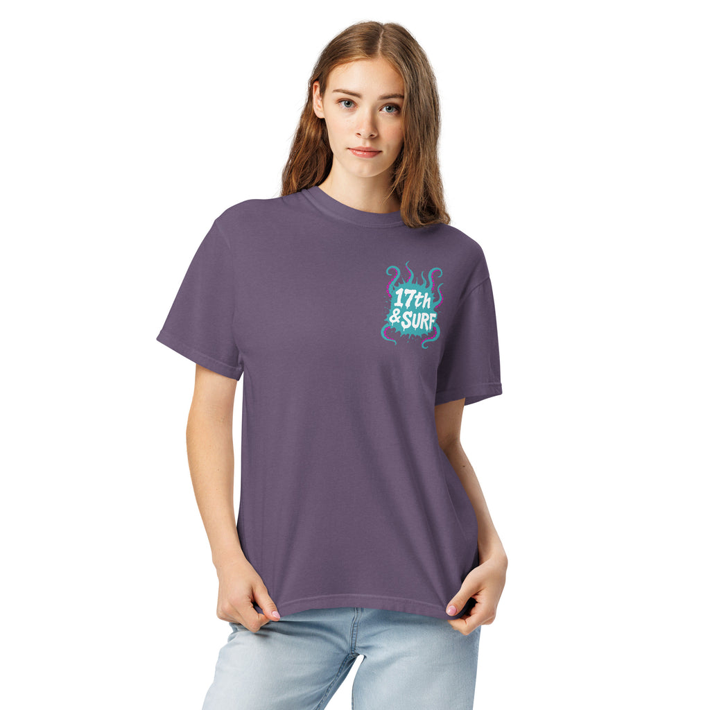 "Inked" garment-dyed heavyweight tee second front view in grape showing small skeleton-and-tentacle "17th & Surf" chest logo – 17th & Surf