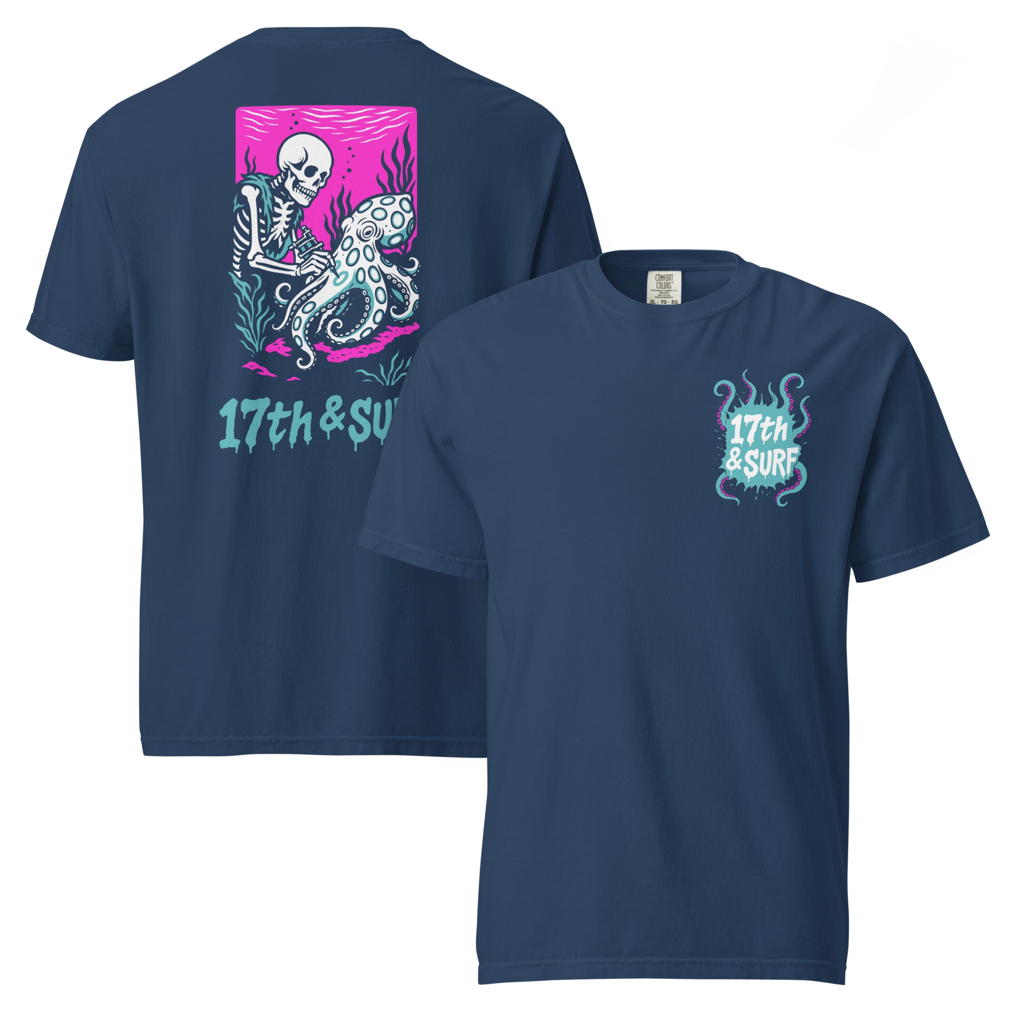 "Inked" garment-dyed heavyweight tee front and back flat lay in true navy featuring skeleton tattooing an octopus graphic and small "17th & Surf" chest logo – 17th & Surf