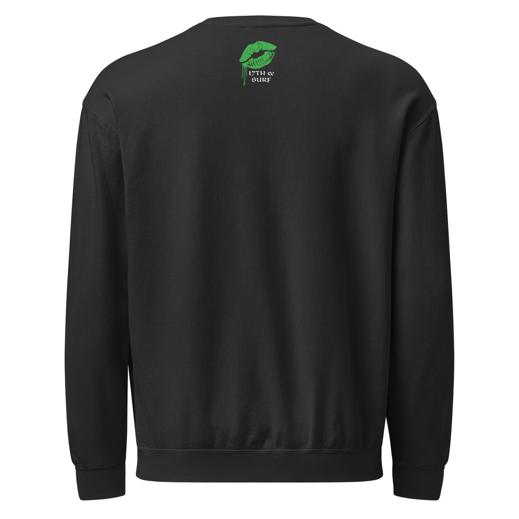 "Kiss Me I'm Irish" Anglerfish black lightweight crewneck sweatshirt, back flat lay, featuring a small green dripping-lips "17TH & SURF" logo near the collar – 17th & Surf