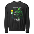 "Kiss Me I'm Irish" Anglerfish black lightweight crewneck sweatshirt, front flat lay, featuring the green leprechaun anglerfish with shamrock lure and "KISS ME I'M IRISH" text on the chest – 17th & Surf