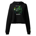 "Kiss Me I'm Irish" Anglerfish black cropped hoodie, front flat lay, featuring the green leprechaun anglerfish with shamrock lure and "KISS ME I'M IRISH" text on the chest, plus a dripping-lips "17TH & SURF" logo on the sleeve cuff – 17th & Surf