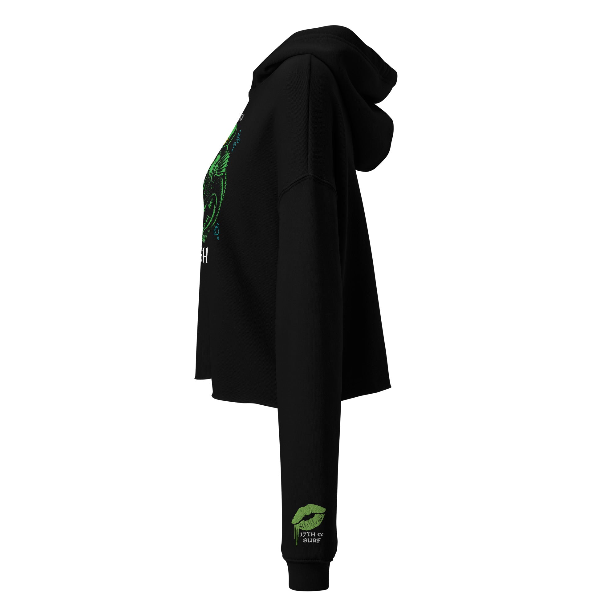 "Kiss Me I'm Irish" Anglerfish black cropped hoodie, side profile flat lay highlighting the green dripping-lips "17TH & SURF" sleeve cuff logo alongside the anglerfish chest design – 17th & Surf