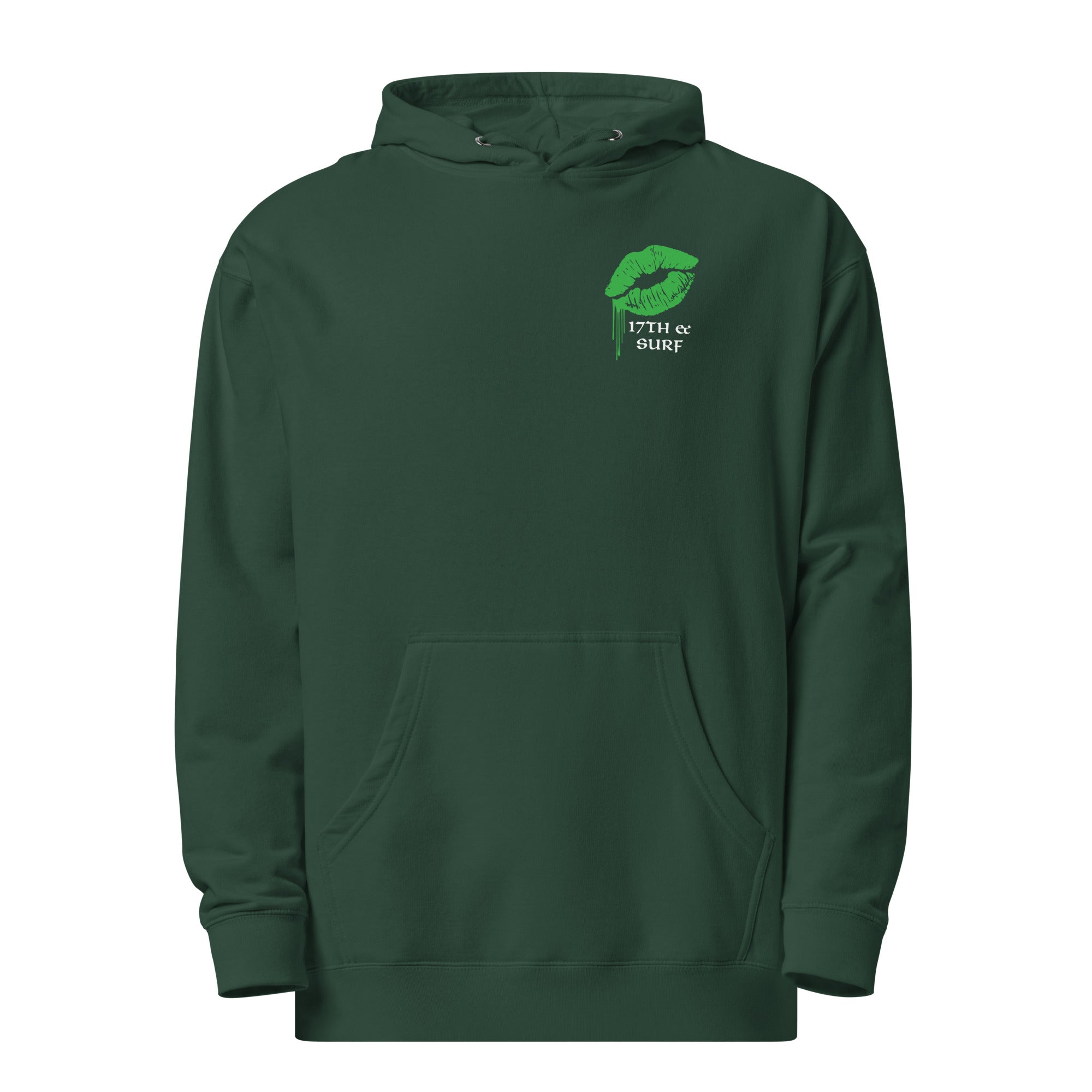 "Kiss Me I'm Irish" Anglerfish alpine green midweight hoodie, front flat lay, featuring a green dripping-lips "17TH & SURF" logo on the chest – 17th & Surf